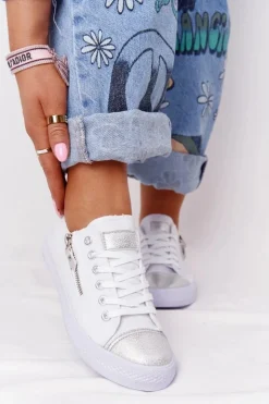 Outlet Boto Damskie Trampki Z Suwakiem Biało-Srebrne Festival