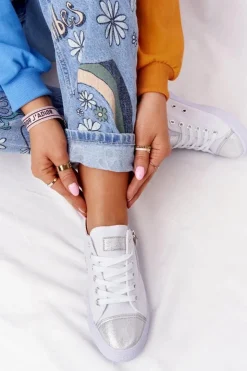 Outlet Boto Damskie Trampki Z Suwakiem Biało-Srebrne Festival