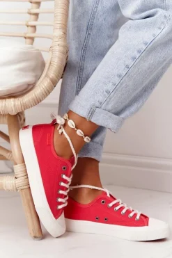 Big Star Shoes Trampki Damskie Big Star|Trampki Damskie Niskie*Damskie Trampki Ze Sznurkiem BIG STAR FF274185 Czerwone