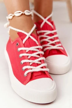 Big Star Shoes Trampki Damskie Big Star|Trampki Damskie Niskie*Damskie Trampki Ze Sznurkiem BIG STAR FF274185 Czerwone
