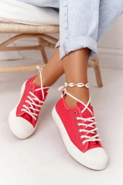 Big Star Shoes Trampki Damskie Big Star|Trampki Damskie Niskie*Damskie Trampki Ze Sznurkiem BIG STAR FF274185 Czerwone