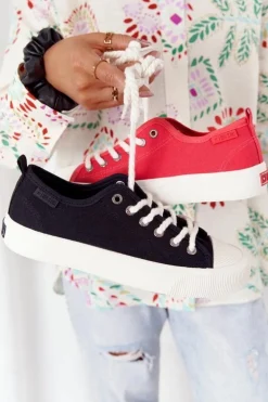 Big Star Shoes Trampki Damskie Big Star|Trampki Damskie Niskie*Damskie Trampki Ze Sznurkiem BIG STAR FF274185 Czerwone