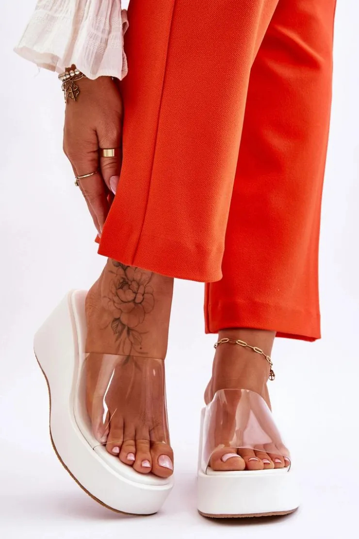 Hot Boto Damskie Transparentne Klapki Na Koturnie Białe Eliane