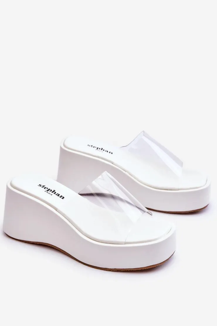 Hot Boto Damskie Transparentne Klapki Na Koturnie Białe Eliane