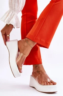 Hot Boto Damskie Transparentne Klapki Na Koturnie Białe Eliane