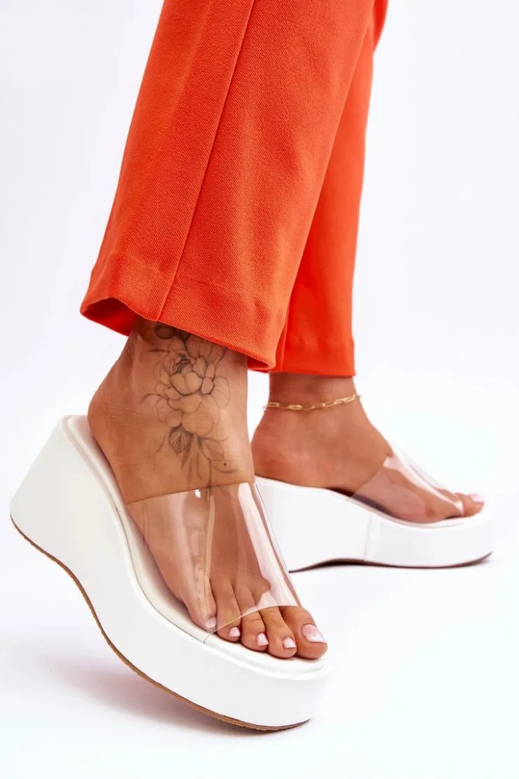 Hot Boto Damskie Transparentne Klapki Na Koturnie Białe Eliane