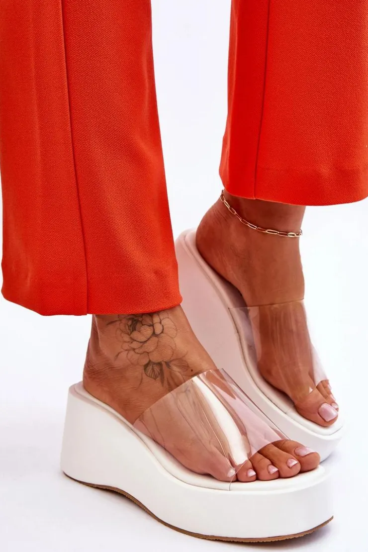 Hot Boto Damskie Transparentne Klapki Na Koturnie Białe Eliane