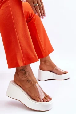 Hot Boto Damskie Transparentne Klapki Na Koturnie Białe Eliane