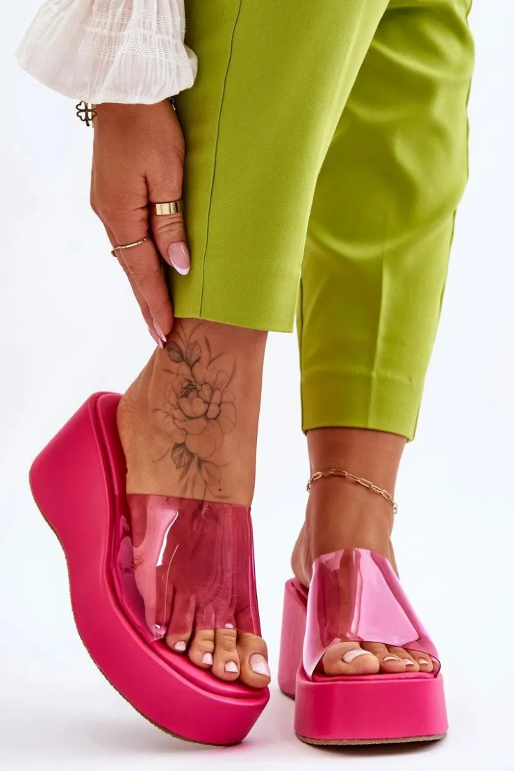 Damskie Boto Damskie Transparentne Klapki Na Koturnie Fuksja Eliane