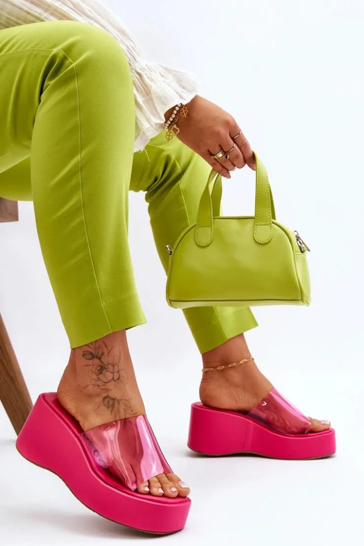 Damskie Boto Damskie Transparentne Klapki Na Koturnie Fuksja Eliane