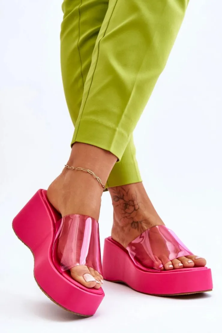 Damskie Boto Damskie Transparentne Klapki Na Koturnie Fuksja Eliane