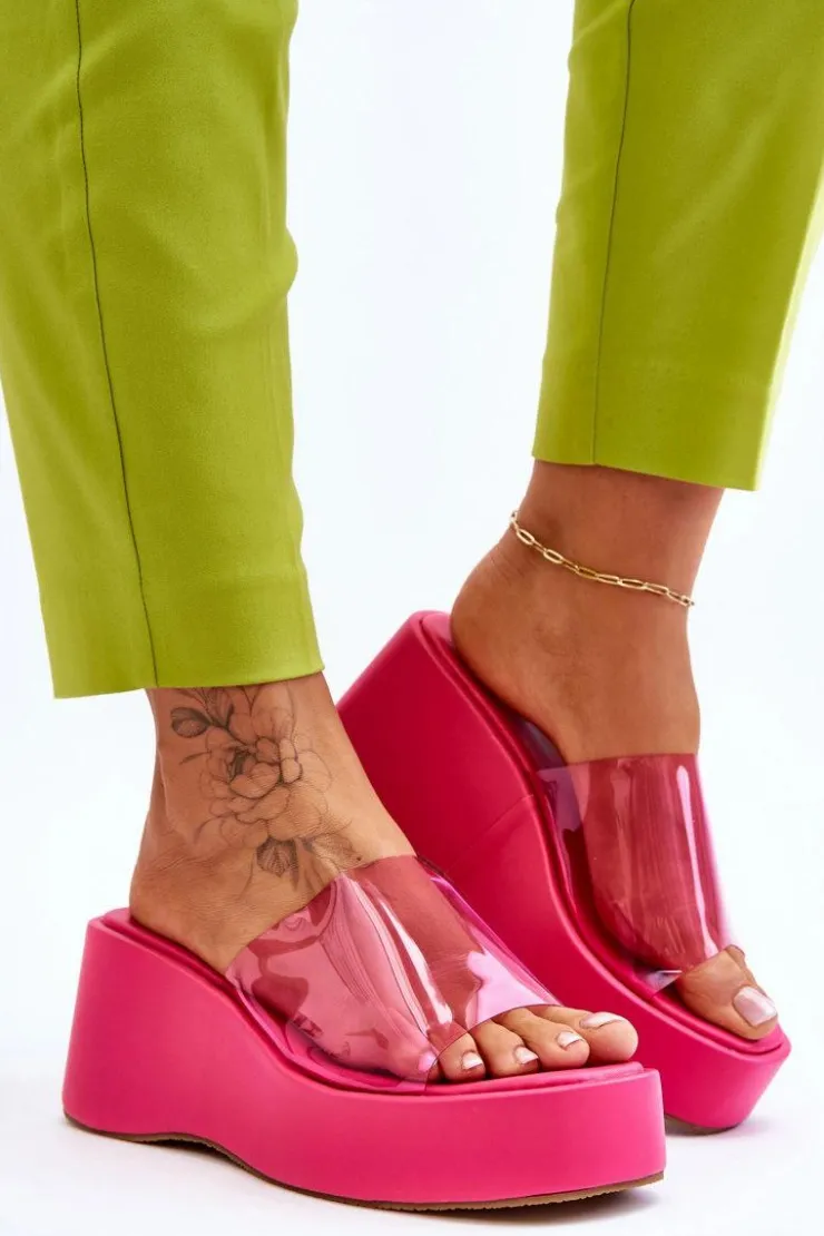 Damskie Boto Damskie Transparentne Klapki Na Koturnie Fuksja Eliane