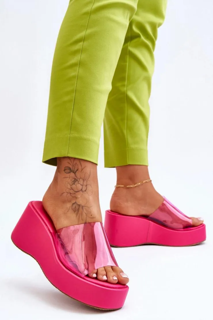 Damskie Boto Damskie Transparentne Klapki Na Koturnie Fuksja Eliane