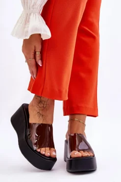 Damskie Boto Damskie Transparentne Klapki Na Koturnie Czarne Eliane