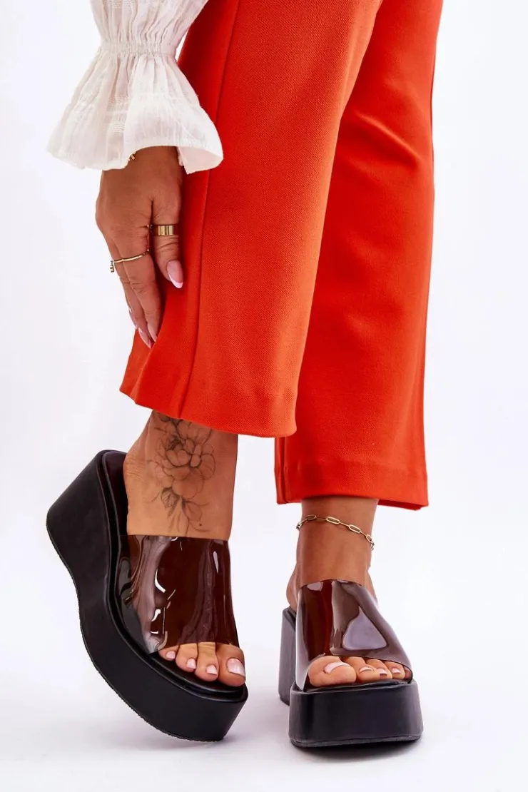 Damskie Boto Damskie Transparentne Klapki Na Koturnie Czarne Eliane