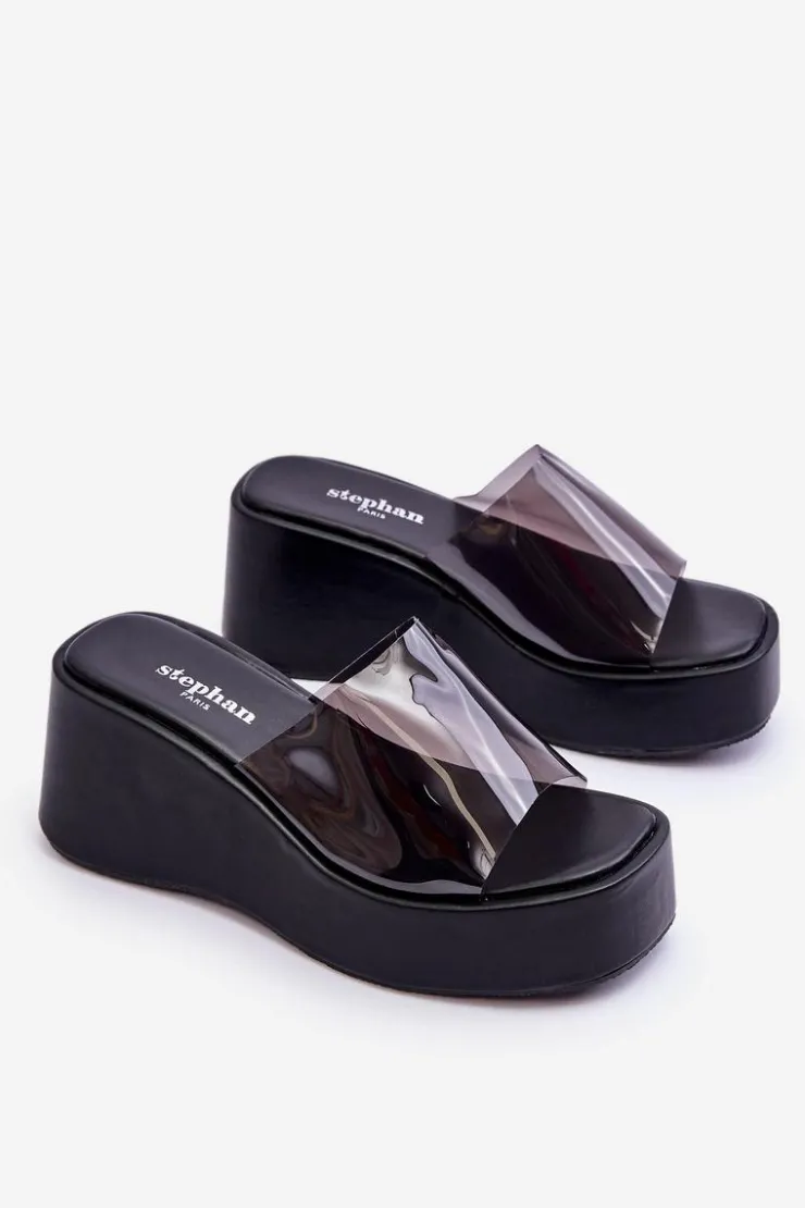 Damskie Boto Damskie Transparentne Klapki Na Koturnie Czarne Eliane