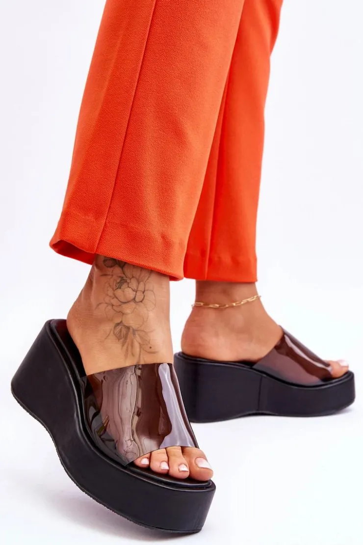 Damskie Boto Damskie Transparentne Klapki Na Koturnie Czarne Eliane