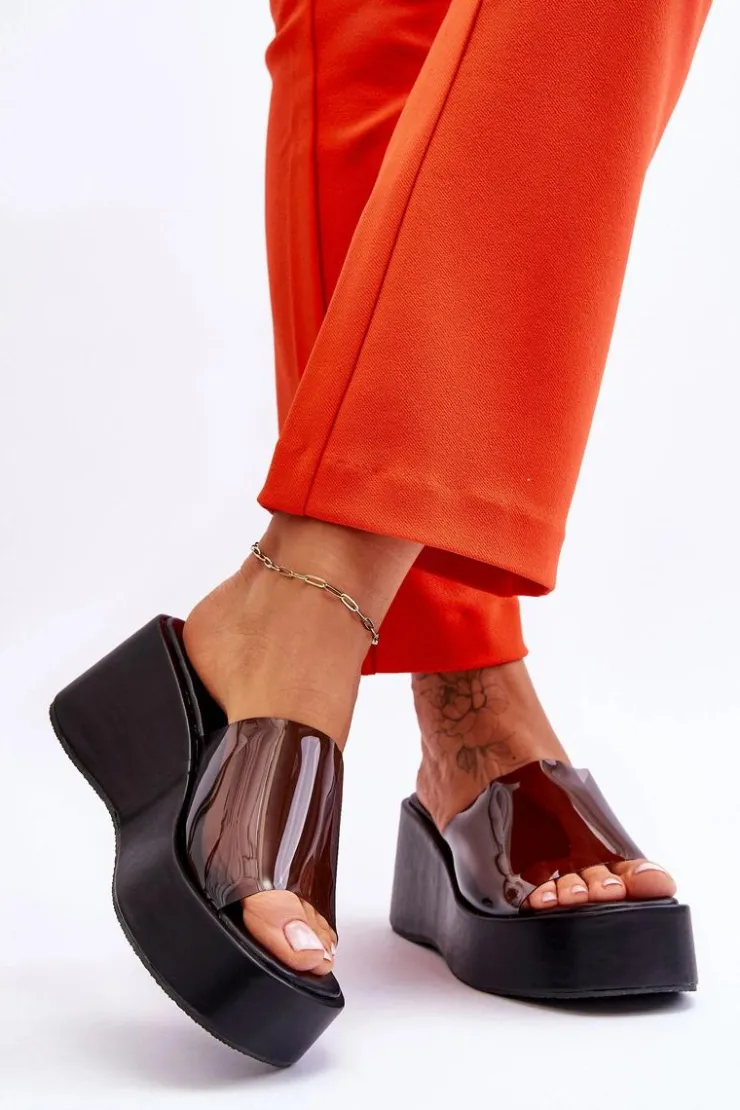 Damskie Boto Damskie Transparentne Klapki Na Koturnie Czarne Eliane