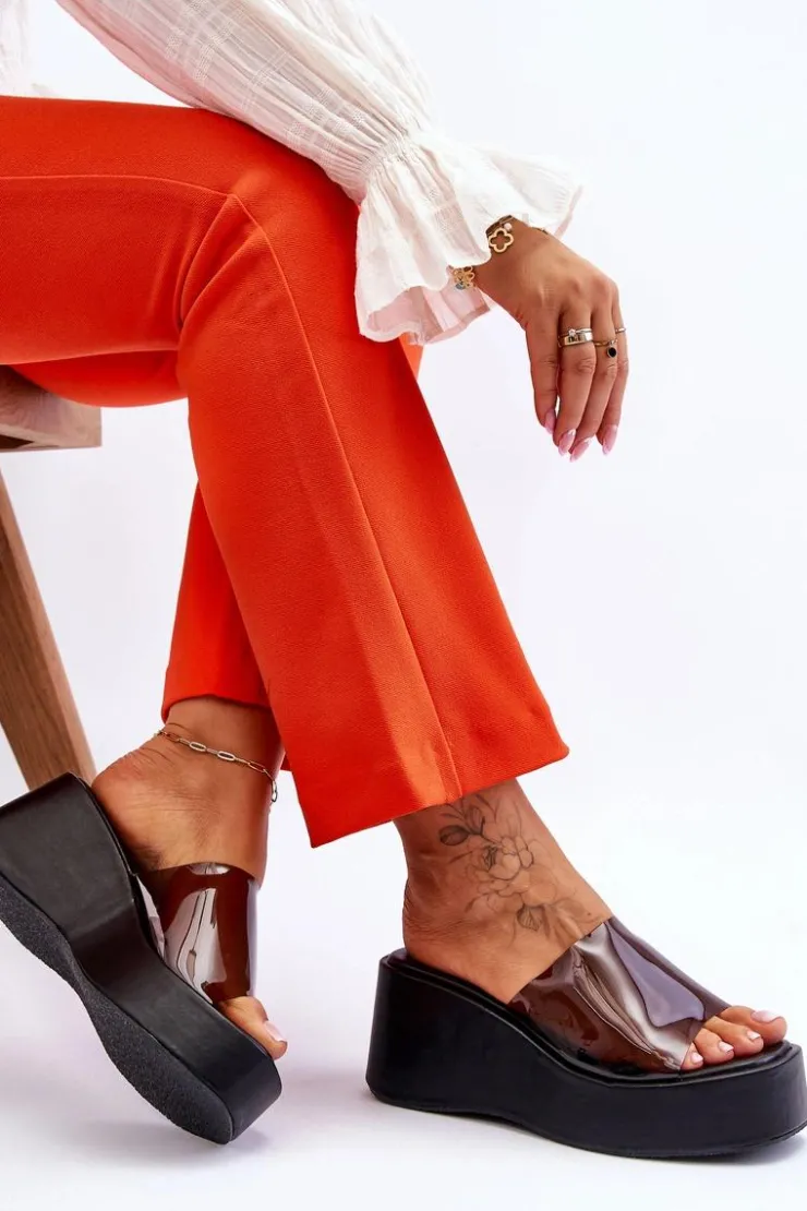 Damskie Boto Damskie Transparentne Klapki Na Koturnie Czarne Eliane