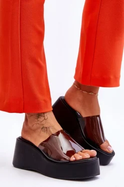 Damskie Boto Damskie Transparentne Klapki Na Koturnie Czarne Eliane