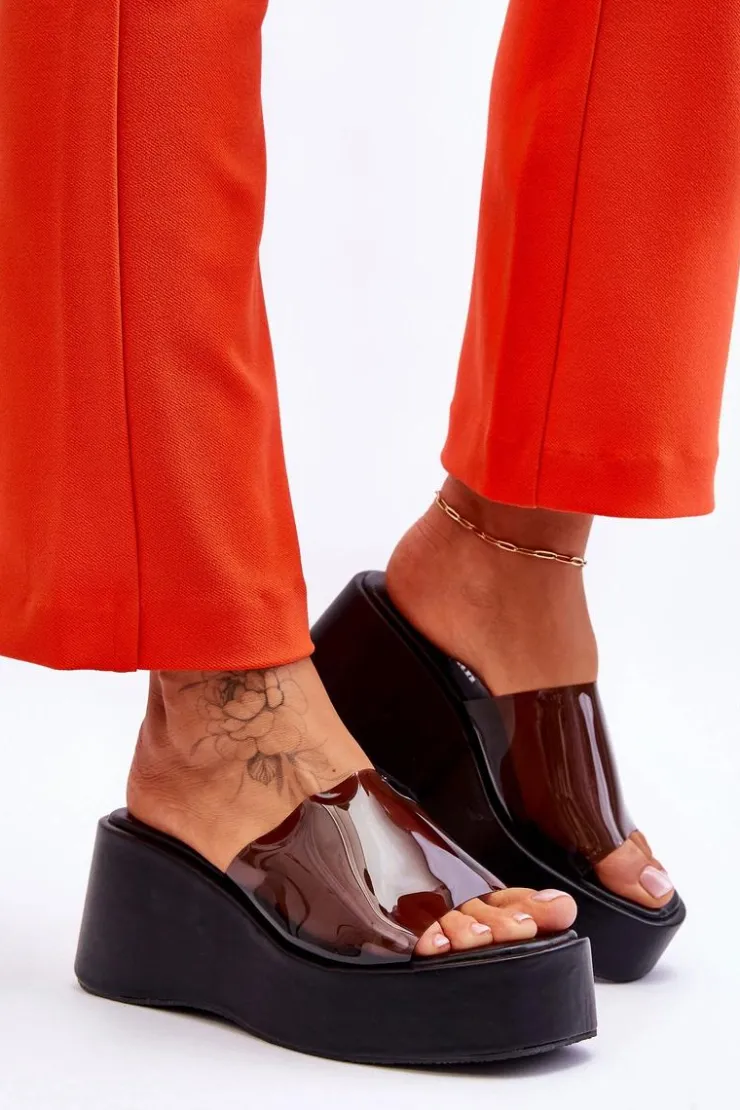 Damskie Boto Damskie Transparentne Klapki Na Koturnie Czarne Eliane