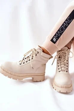 Boto Damskie Trapery|Botki Sznurowane*Damskie Trapery Beżowe Mustgrow