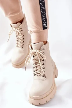 Boto Damskie Trapery|Botki Sznurowane*Damskie Trapery Beżowe Mustgrow