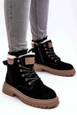 Boto Damskie Trapery|Botki Sznurowane*Damskie Trapery Ocieplane Futerkiem Czarne Fenan