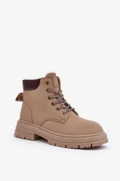 Outlet Boto Damskie Trapery Ocieplane Futerkiem Ciemnobeżowe Fenan