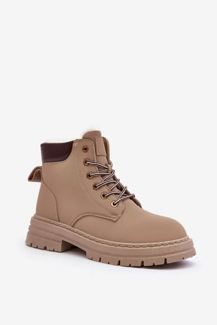 Outlet Boto Damskie Trapery Ocieplane Futerkiem Ciemnobeżowe Fenan