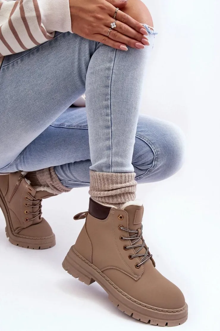 Outlet Boto Damskie Trapery Ocieplane Futerkiem Ciemnobeżowe Fenan