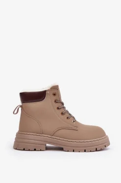 Outlet Boto Damskie Trapery Ocieplane Futerkiem Ciemnobeżowe Fenan