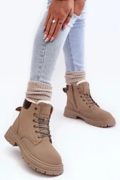 Outlet Boto Damskie Trapery Ocieplane Futerkiem Ciemnobeżowe Fenan