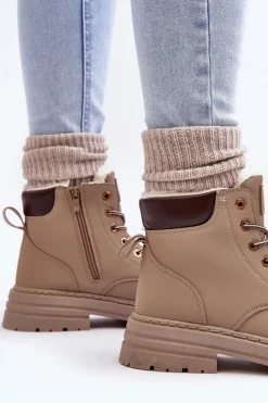 Outlet Boto Damskie Trapery Ocieplane Futerkiem Ciemnobeżowe Fenan