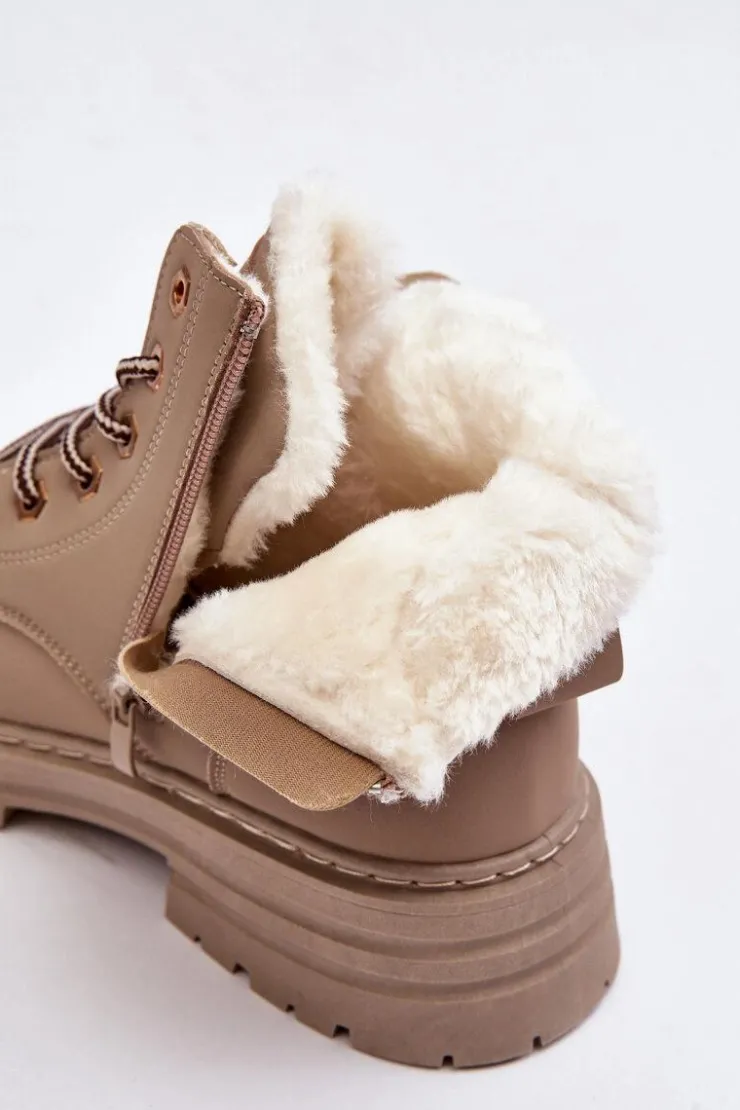 Outlet Boto Damskie Trapery Ocieplane Futerkiem Ciemnobeżowe Fenan