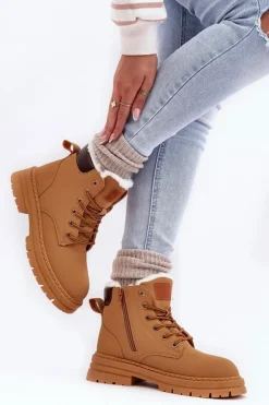 Boto Damskie Trapery|Botki Sznurowane*Damskie Trapery Ocieplane Futerkiem Camel Fenan