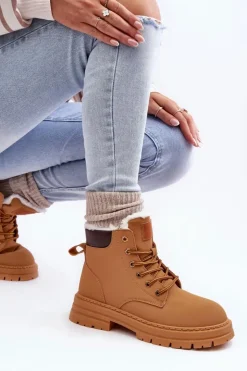 Boto Damskie Trapery|Botki Sznurowane*Damskie Trapery Ocieplane Futerkiem Camel Fenan