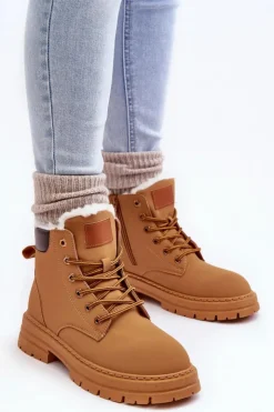 Boto Damskie Trapery|Botki Sznurowane*Damskie Trapery Ocieplane Futerkiem Camel Fenan