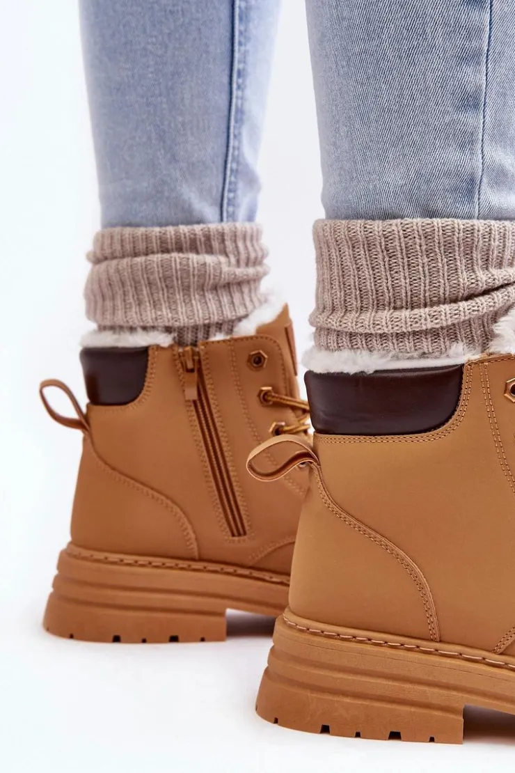 Boto Damskie Trapery|Botki Sznurowane*Damskie Trapery Ocieplane Futerkiem Camel Fenan