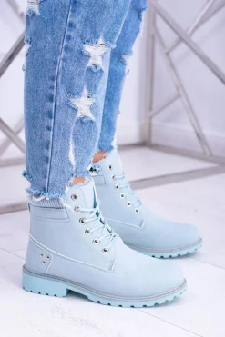 Damskie Boto Damskie Trapery Ocieplane Timberki Błękitne Oxford