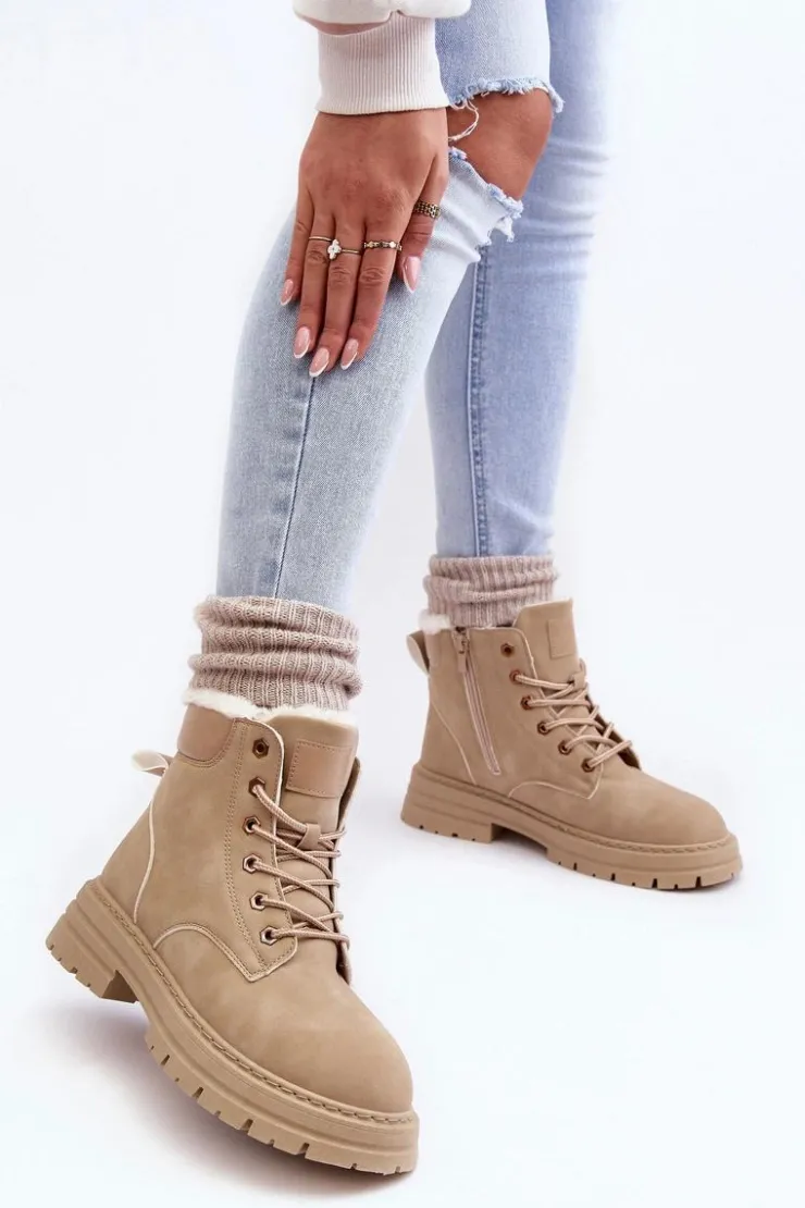 Outlet Boto Damskie Trapery Ocieplane Futerkiem Beżowe Fenan