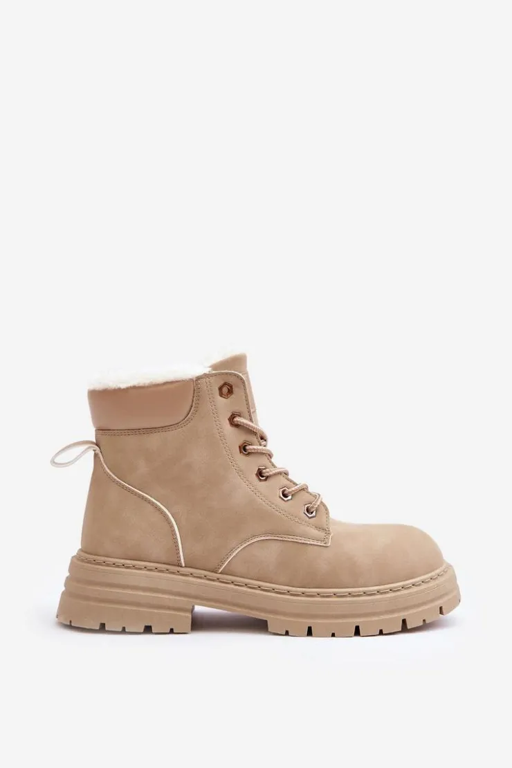 Outlet Boto Damskie Trapery Ocieplane Futerkiem Beżowe Fenan