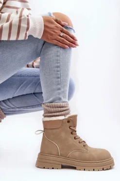 Outlet Boto Damskie Trapery Ocieplane Futerkiem Beżowe Fenan