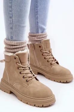 Outlet Boto Damskie Trapery Ocieplane Futerkiem Beżowe Fenan