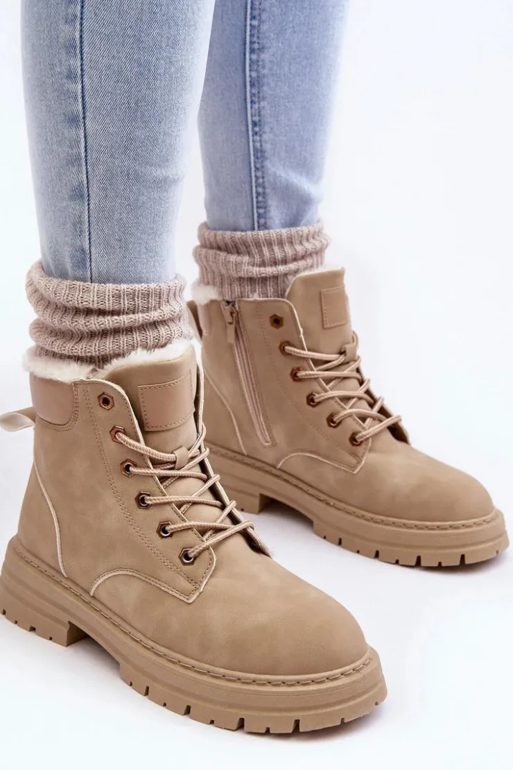 Outlet Boto Damskie Trapery Ocieplane Futerkiem Beżowe Fenan