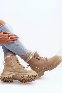 Outlet Boto Damskie Trapery Ocieplane Futerkiem Beżowe Fenan