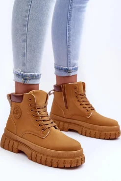 Damskie Boto Damskie Trapery Skórzane Na Platformie Brązowe Calys