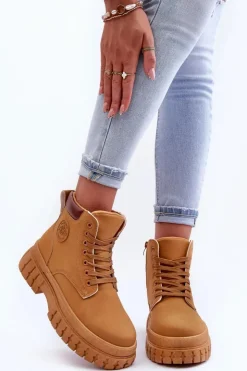 Damskie Boto Damskie Trapery Skórzane Na Platformie Brązowe Calys