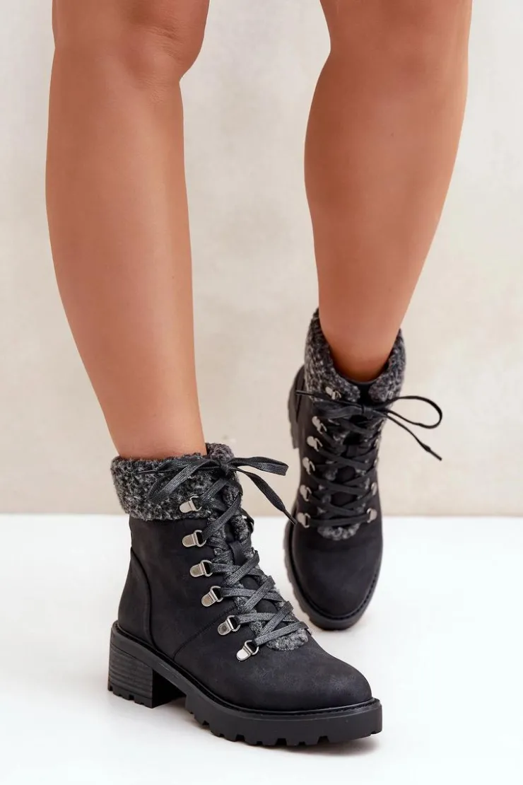 Damskie Boto Damskie Trapery Z Kożuszkiem Na Niskim Obcasie Czarne Brenneth