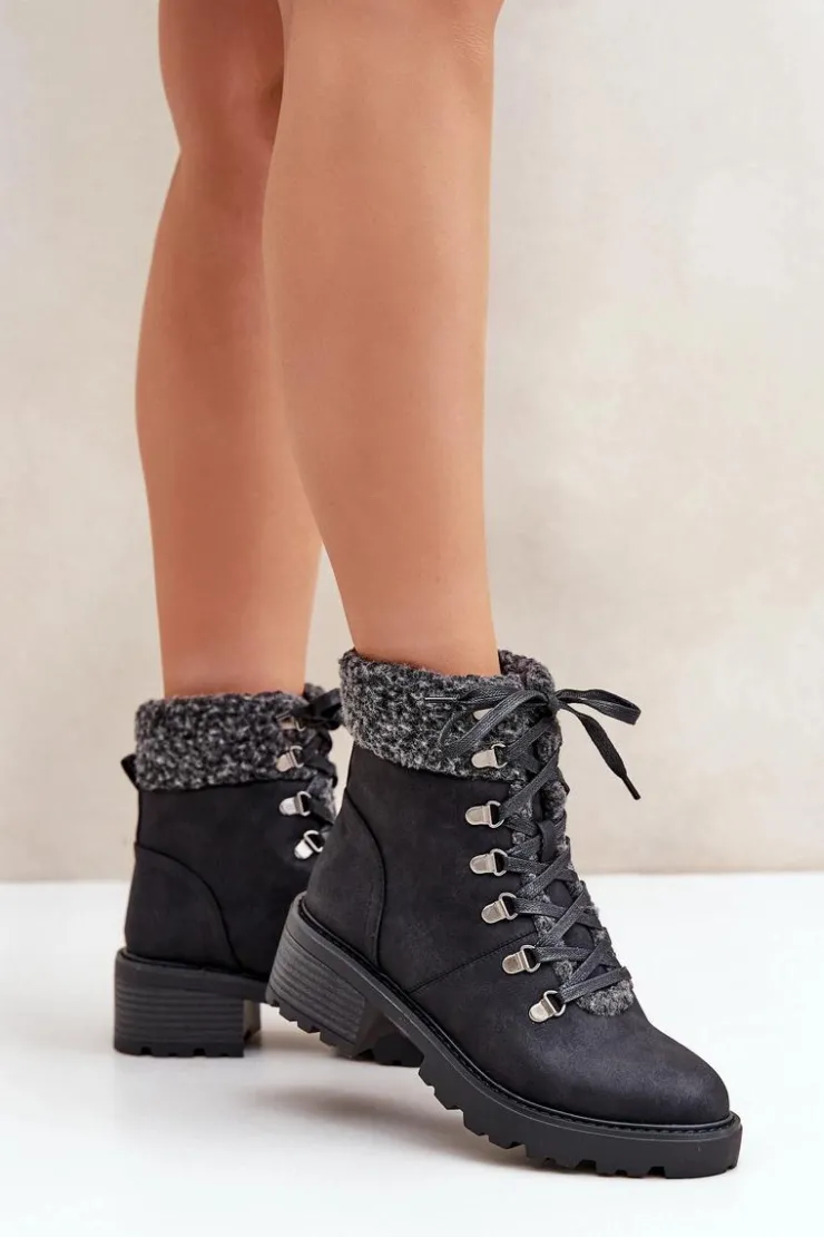 Damskie Boto Damskie Trapery Z Kożuszkiem Na Niskim Obcasie Czarne Brenneth